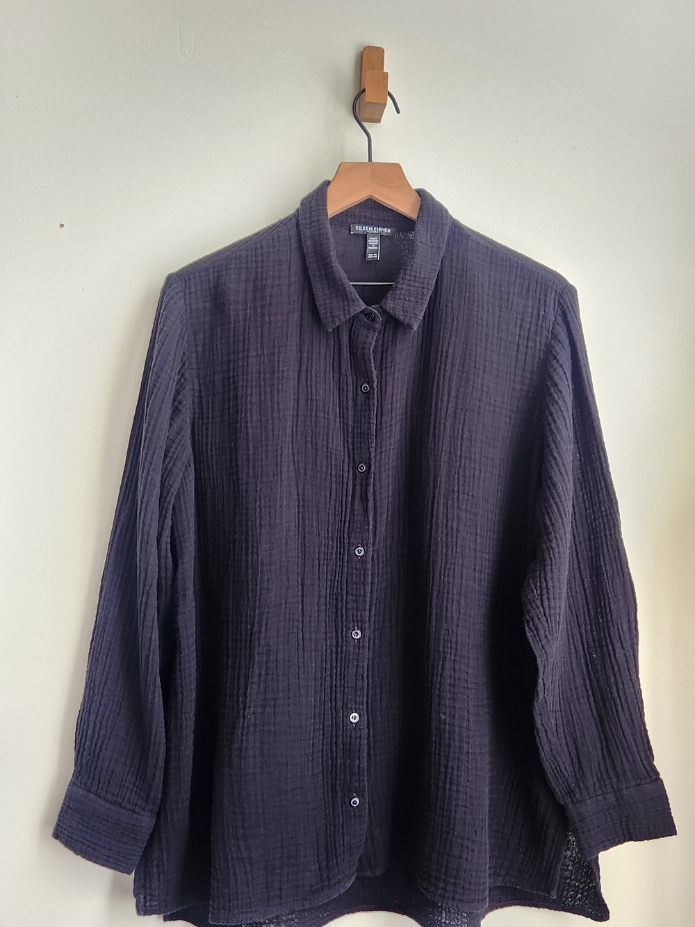 Eileen Fisher Organic Cotton Gauze Button Up Shirt Black Petite Large Minimalist